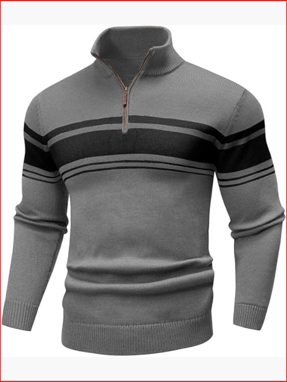 Quarter Zip Striped Sweater Pullover Long Sleeve Mock Neck Slim Fit